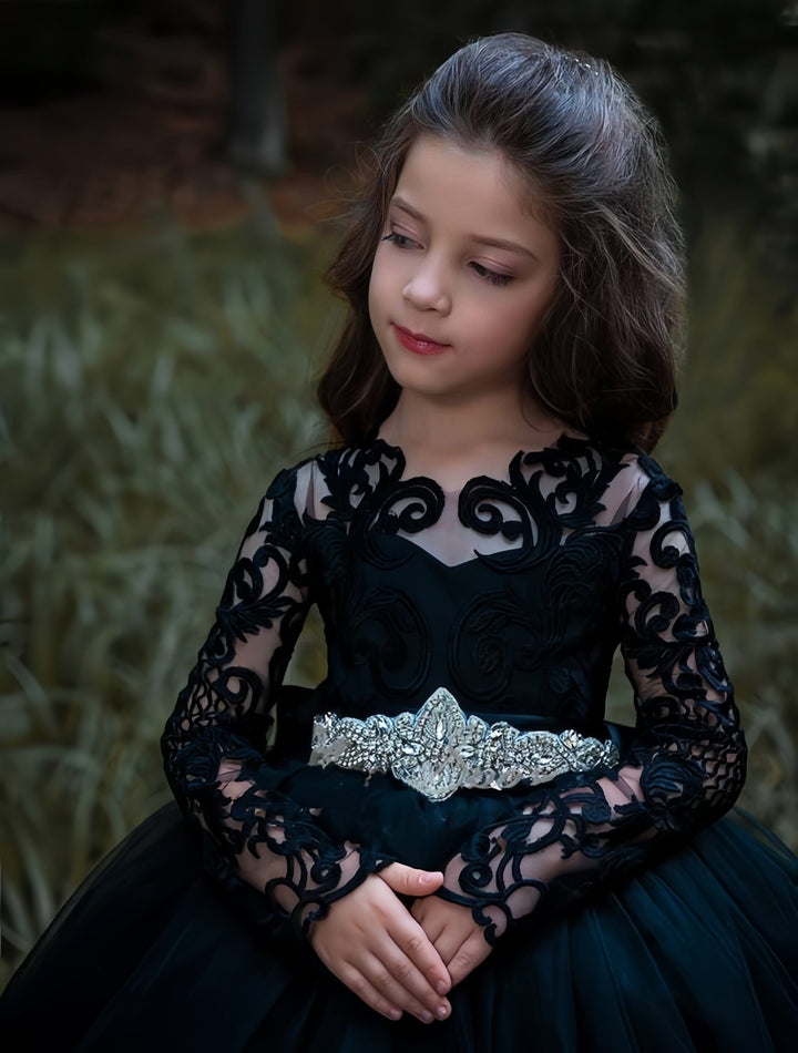 Sunnypetal Black Lace Appliques Flower Girl Dress Long Princess Tulle Ball-Gown