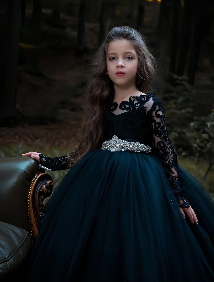 Sunnypetal Black Lace Appliques Flower Girl Dress Long Princess Tulle Ball-Gown