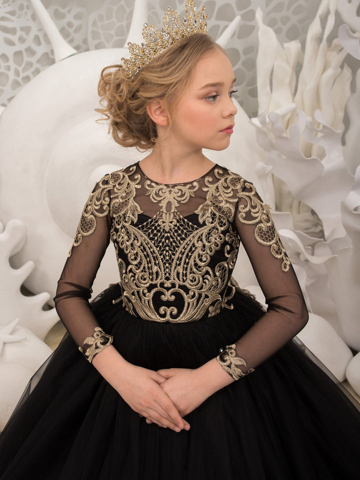 Sunnypetal Black Long Sleeves Gold Embroidery Appliques Tulle Flower Girl Dresses