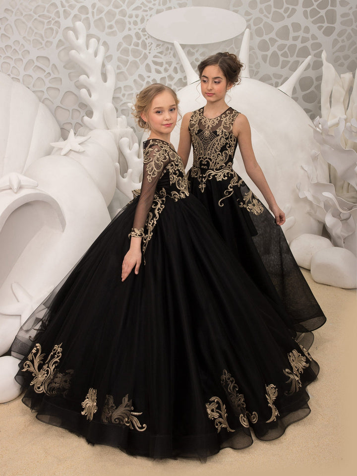 Sunnypetal Black Long Sleeves Gold Embroidery Appliques Tulle Flower Girl Dresses
