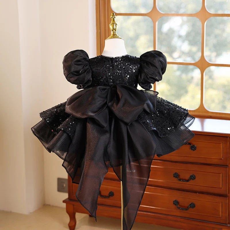 Sunnypetal Black Sequin Puff Sleeves Knee-Length Flower Girl Dresses with Bow