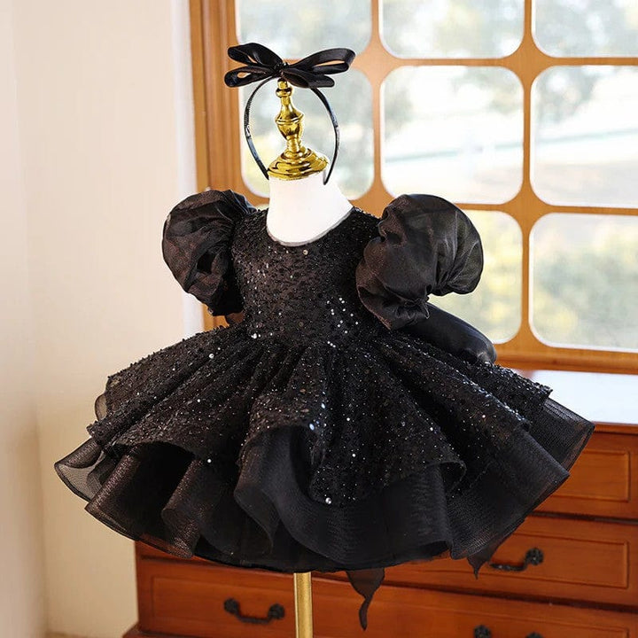 Sunnypetal Black Sequin Puff Sleeves Knee-Length Flower Girl Dresses with Bow