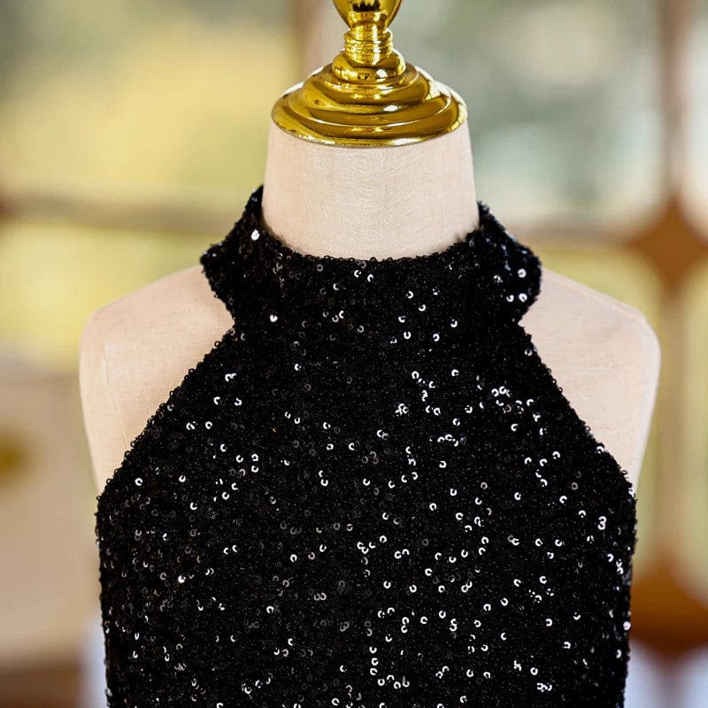 Sunnypetal Black Sequins Sleeveless Knee-Length Tulle Flower Girl Dresses