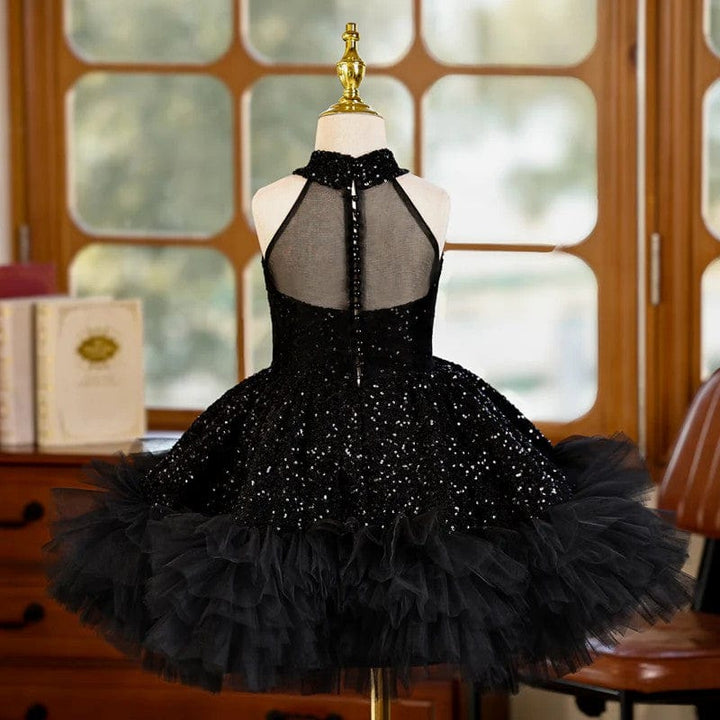 Sunnypetal Black Sequins Sleeveless Knee-Length Tulle Flower Girl Dresses