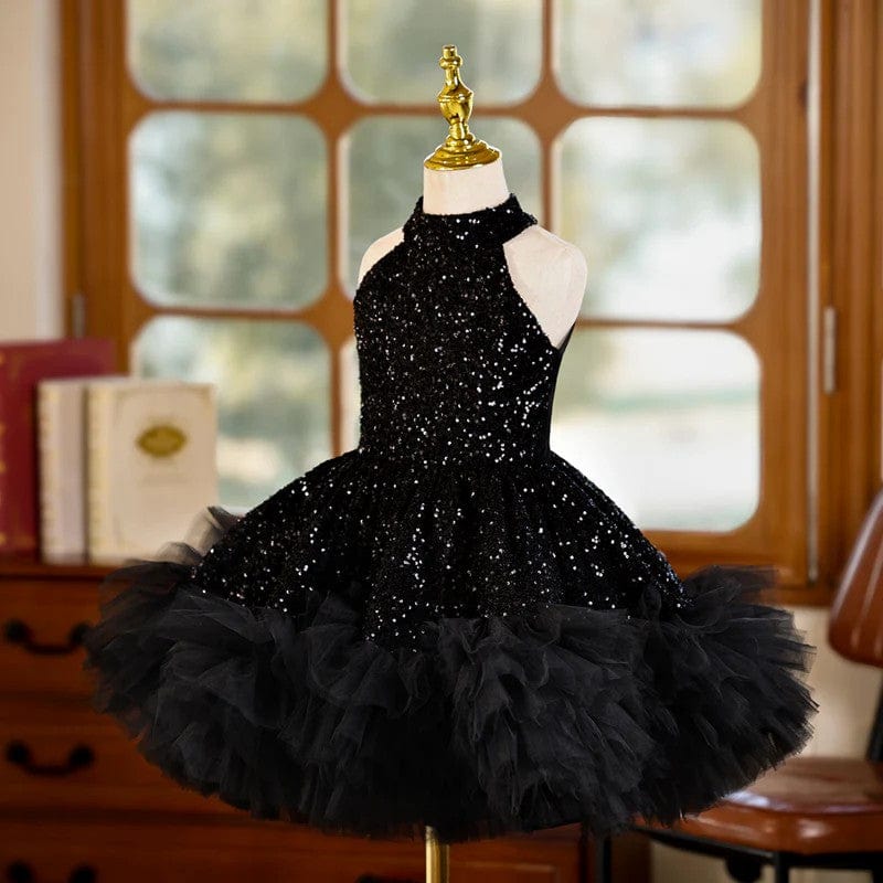 Sunnypetal Black Sequins Sleeveless Knee-Length Tulle Flower Girl Dresses