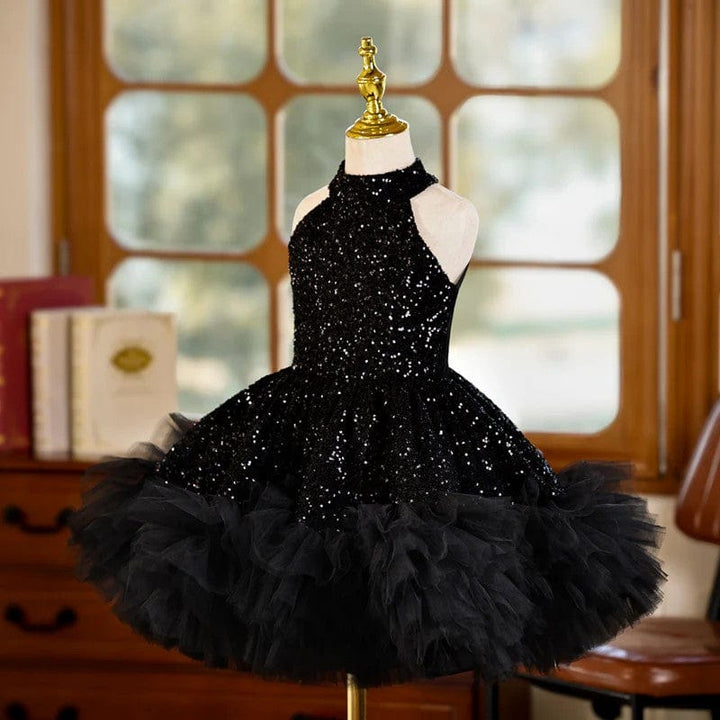 Sunnypetal Black Sequins Sleeveless Knee-Length Tulle Flower Girl Dresses