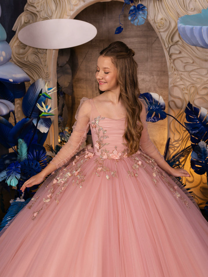 Sunnypetal Blush Pink Floral Appliqué Ball Gown with Sheer Sleeves – A Fairy-Tale Dream