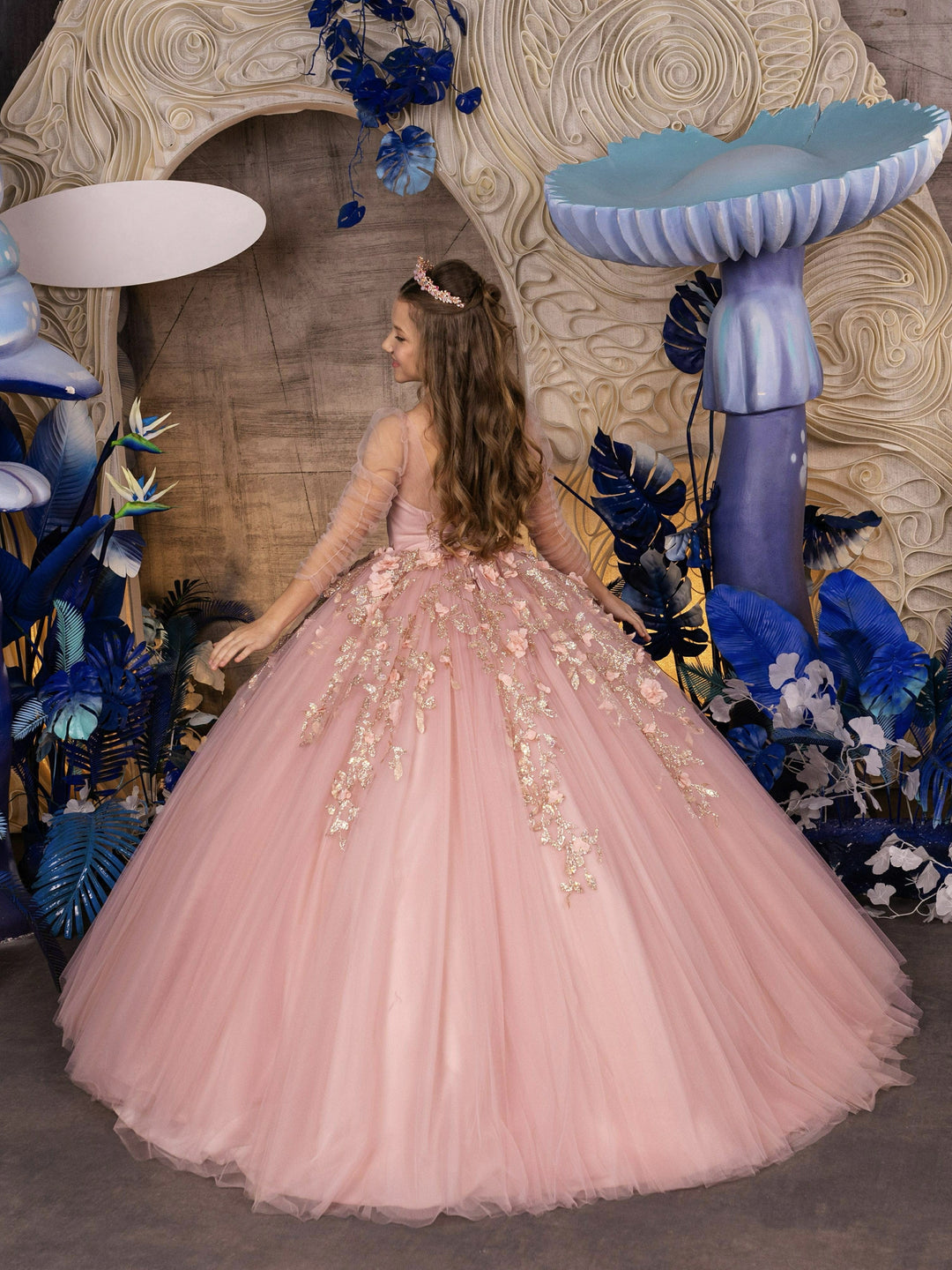 Sunnypetal Blush Pink Floral Appliqué Ball Gown with Sheer Sleeves – A Fairy-Tale Dream