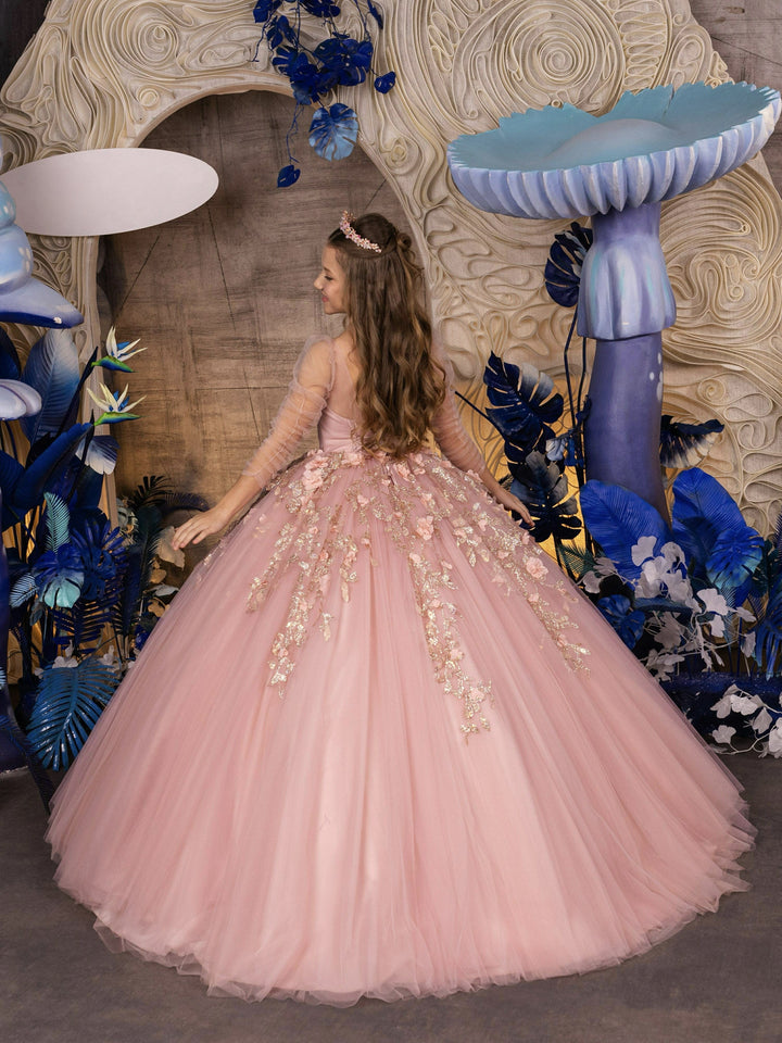 Sunnypetal Blush Pink Floral Appliqué Ball Gown with Sheer Sleeves – A Fairy-Tale Dream