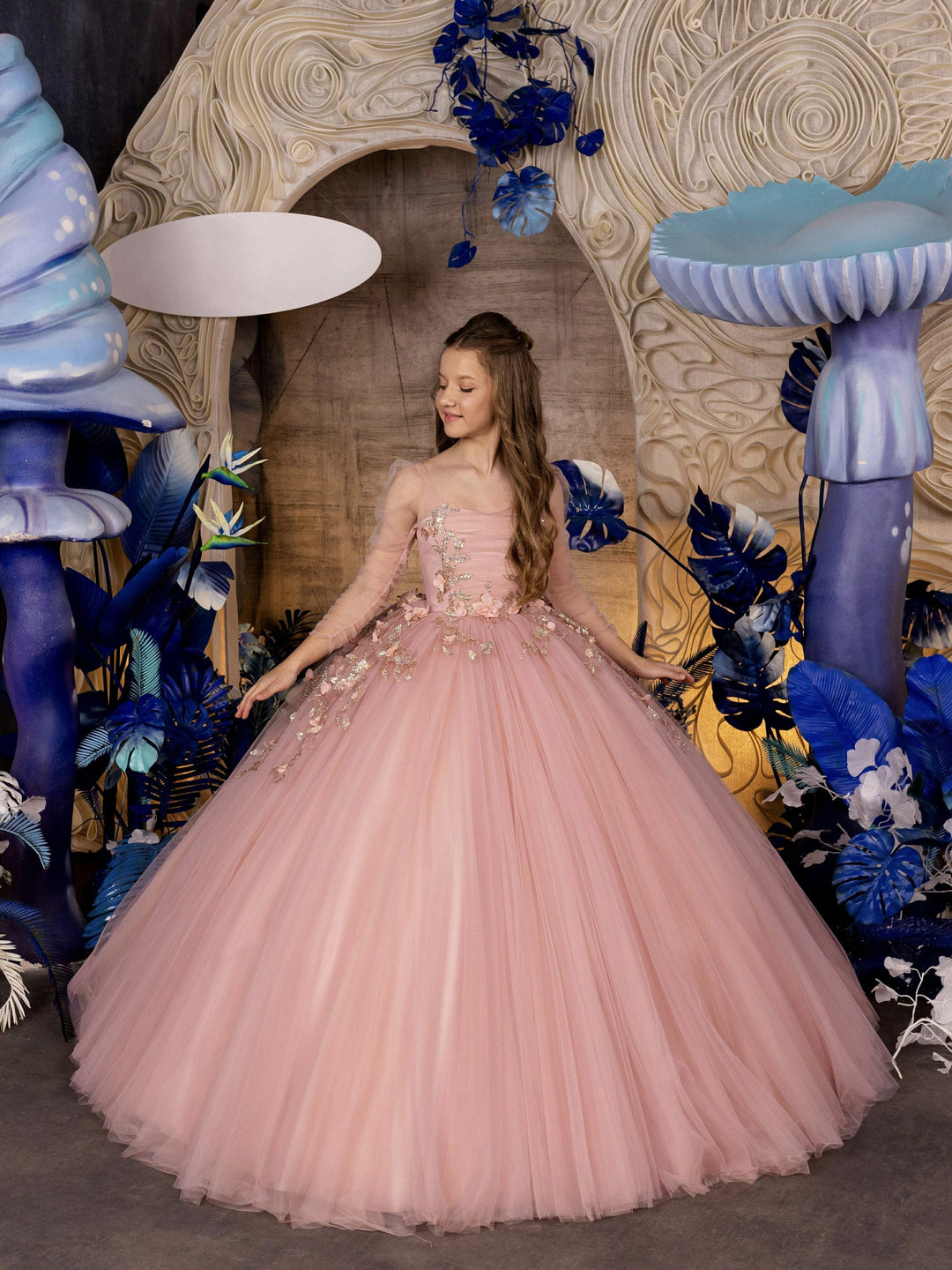 Sunnypetal Blush Pink Floral Appliqué Ball Gown with Sheer Sleeves – A Fairy-Tale Dream