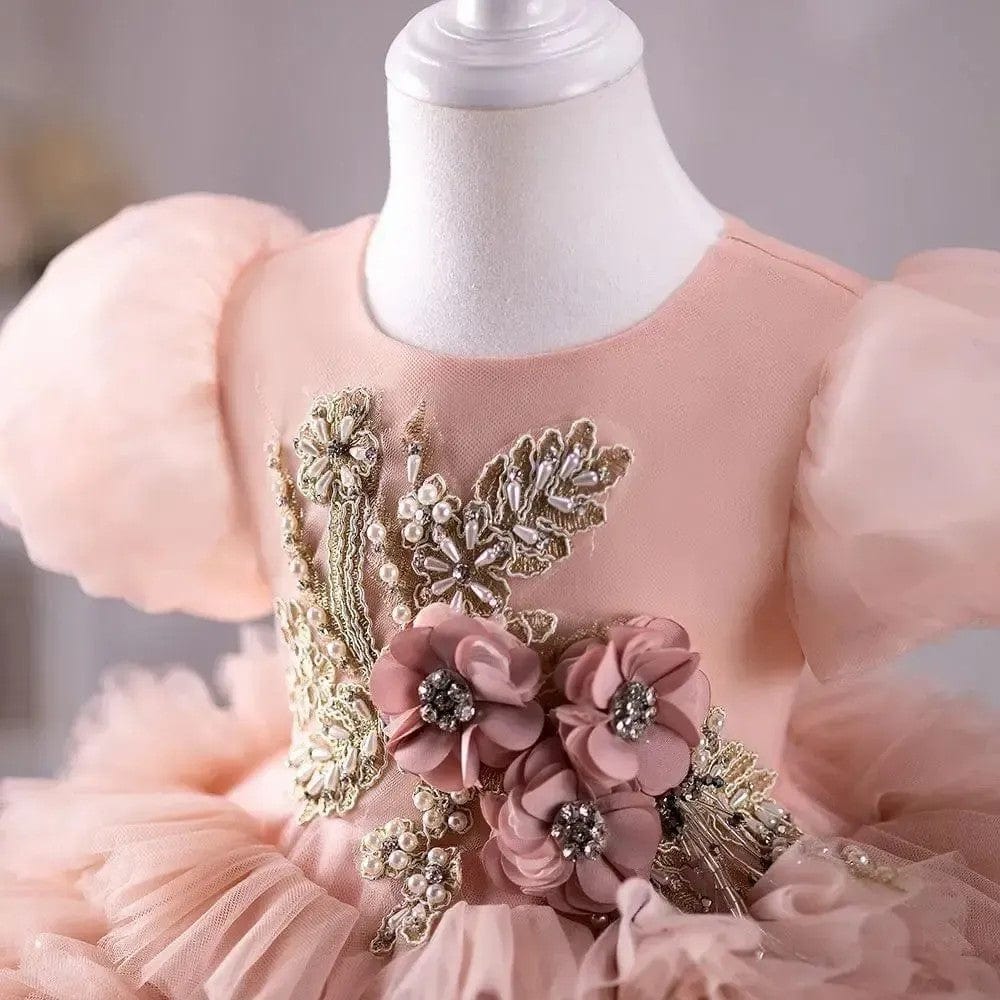 Sunnypetal Blush Pink Ruffled Tulle Flower Girl Dress Hand Flower Pearls Ball Gown