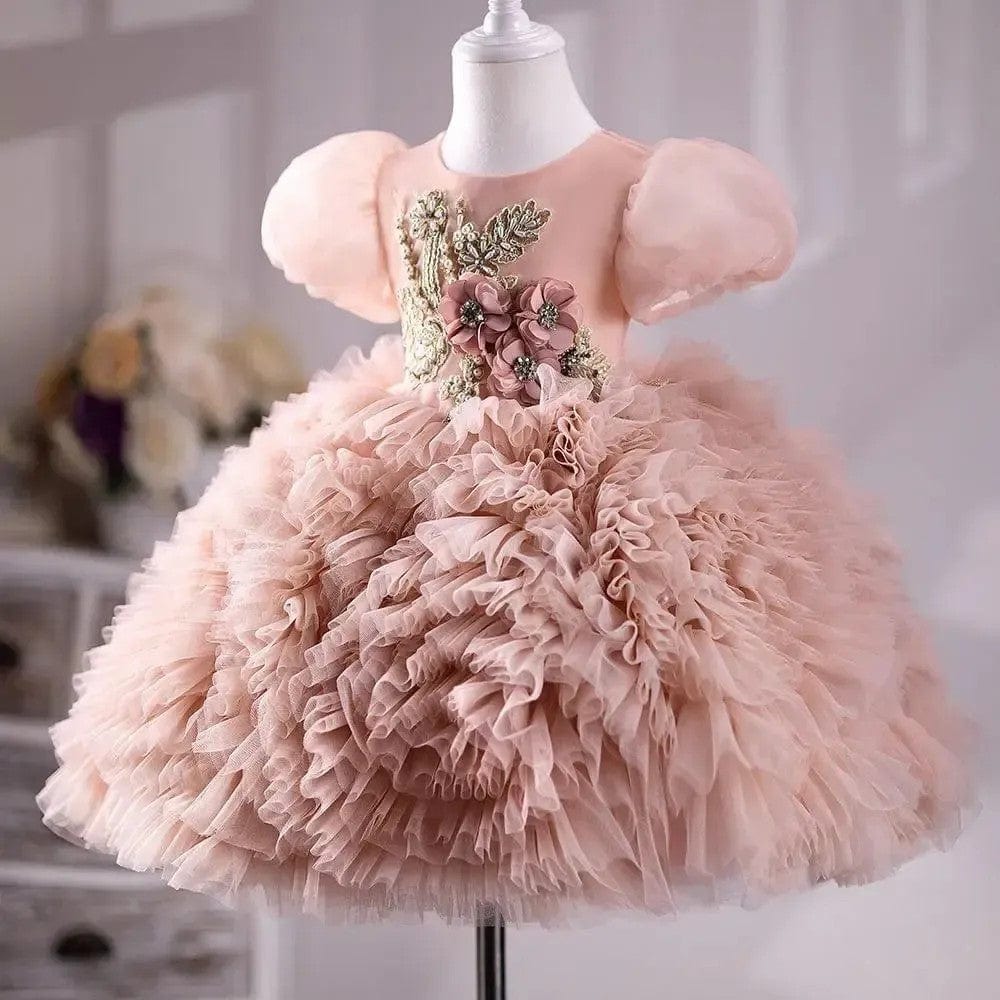 Sunnypetal Blush Pink Ruffled Tulle Flower Girl Dress Hand Flower Pearls Ball Gown