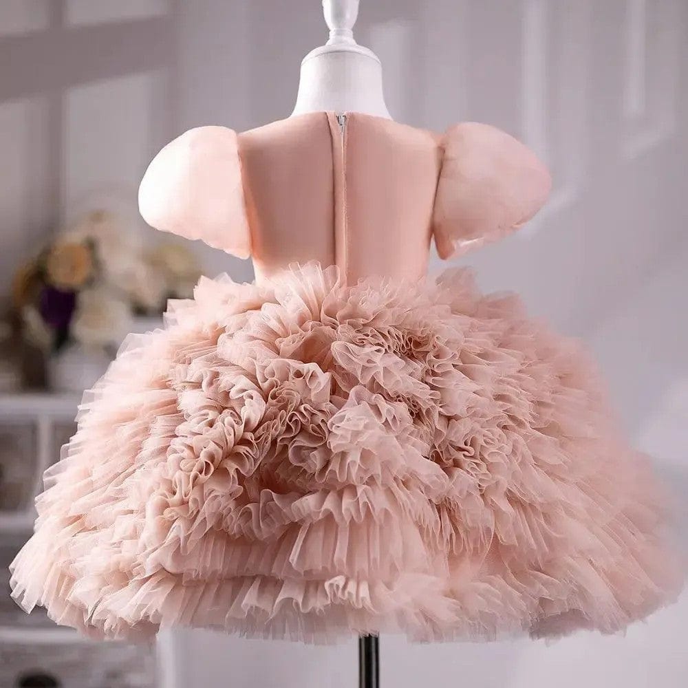 Sunnypetal Blush Pink Ruffled Tulle Flower Girl Dress Hand Flower Pearls Ball Gown