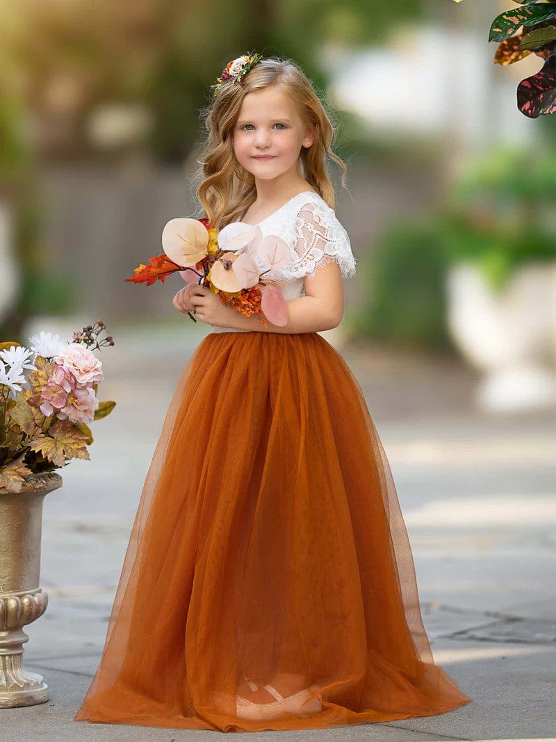 Sunnypetal Boho Lace Floor-Length Flower Girl Dresses for Wedding