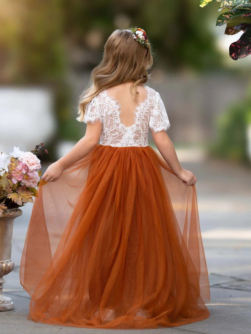 Sunnypetal Boho Lace Floor-Length Flower Girl Dresses for Wedding