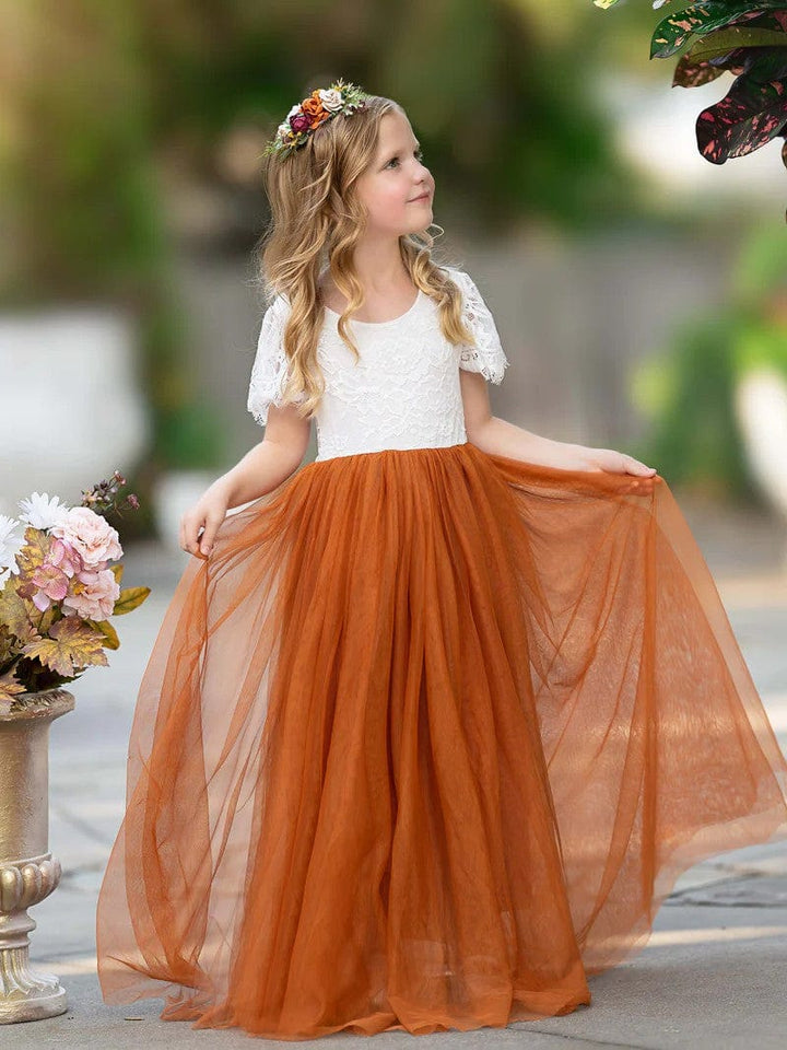 Sunnypetal Boho Lace Floor-Length Flower Girl Dresses for Wedding