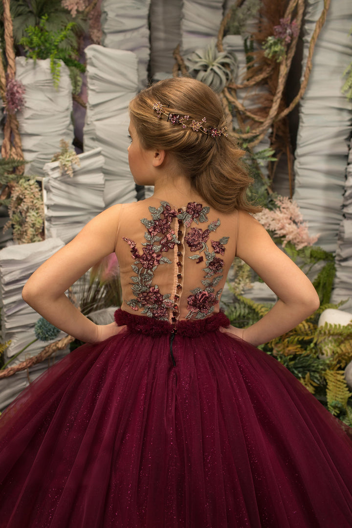 Sunnypetal Burgundy Glitter Tulle Flower Girl Dresses with Embroidery Appliques