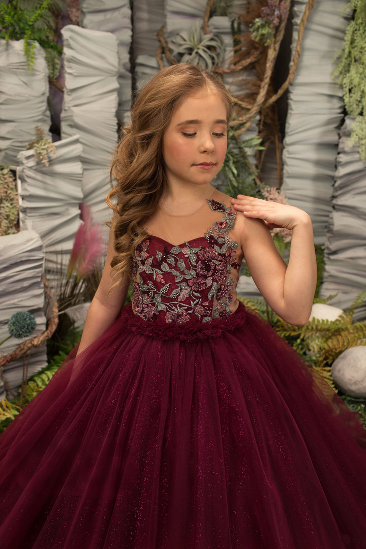Sunnypetal Burgundy Glitter Tulle Flower Girl Dresses with Embroidery Appliques
