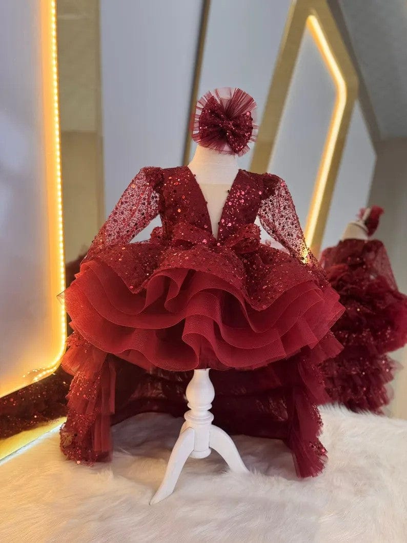 Sunnypetal Burgundy Long Sleeves V-Neck Sequin Toddler Girl Glitz Tulle Dress