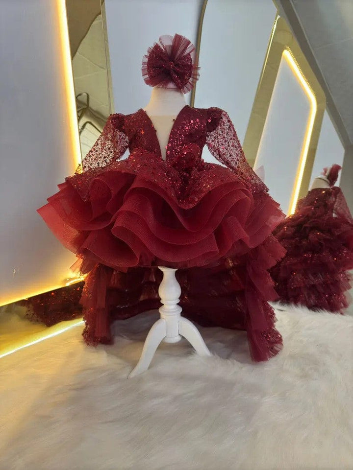 Sunnypetal Burgundy Long Sleeves V-Neck Sequin Toddler Girl Glitz Tulle Dress