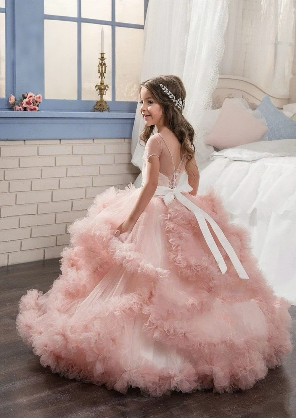 Sunnypetal Cap Sleeves Scoop Neck Ruffled Waterfall Floor-Length Flower Girl Dress