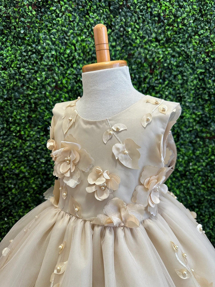 Sunnypetal Champagne 3D Floral Tulle Knee Length Flower Girl Dress with Satin Bow