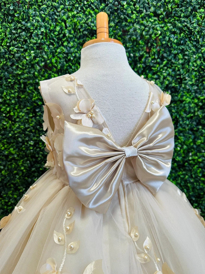 Sunnypetal Champagne 3D Floral Tulle Knee Length Flower Girl Dress with Satin Bow