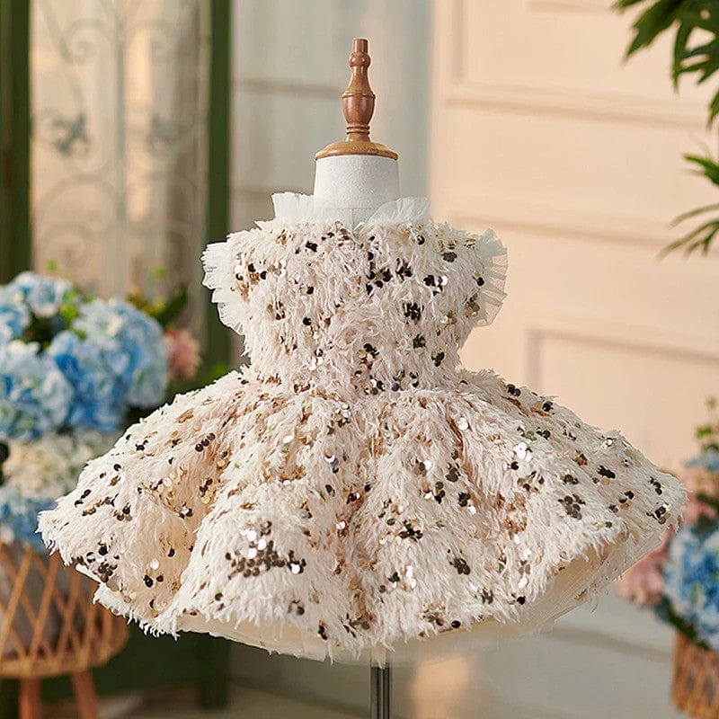Sunnypetal Champagne Feather Sequin Knee-Length Flower Girl Dresses