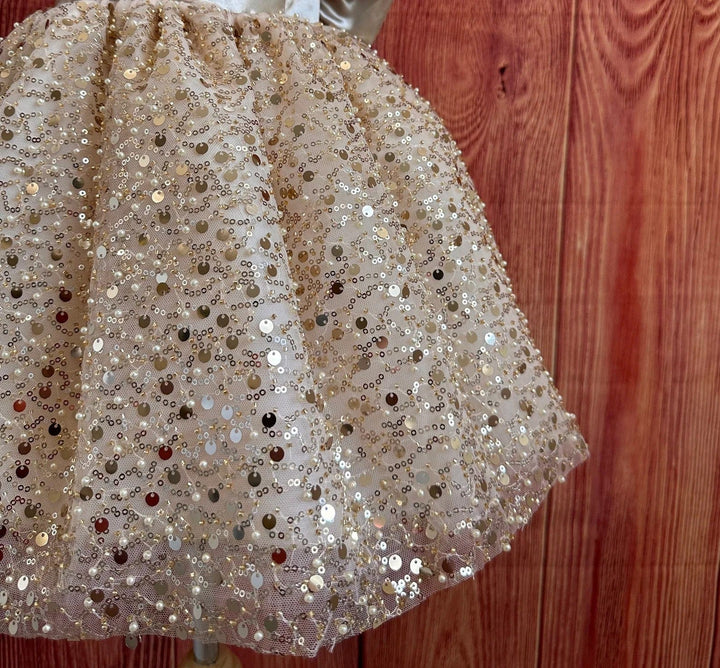 Sunnypetal Champagne Satin Bodice V Back Sequins Tulle Flower Girl Dresses