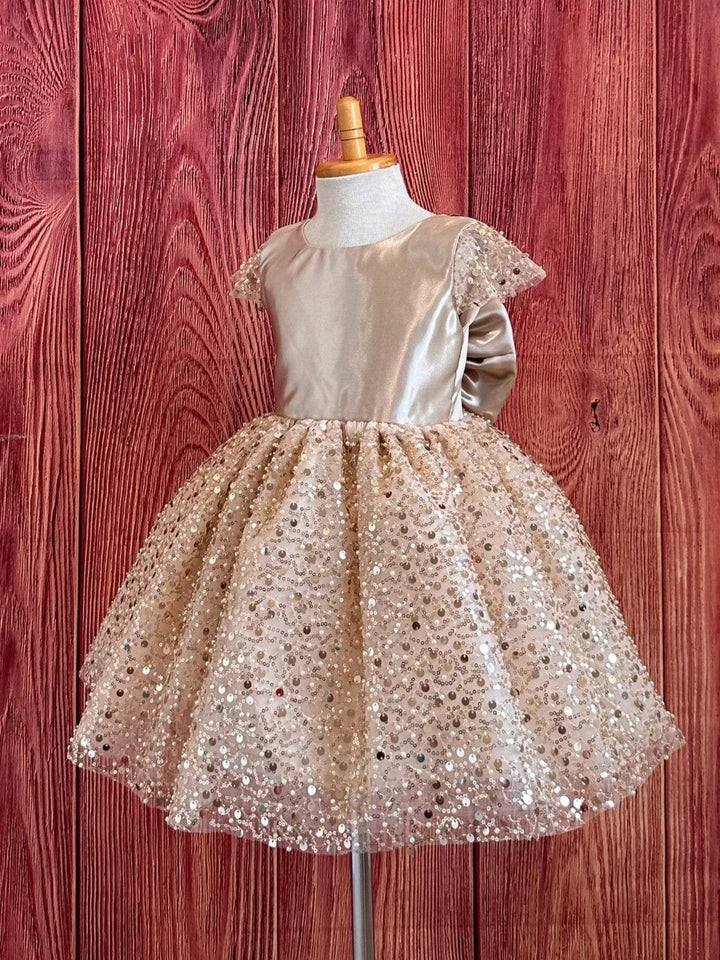 Sunnypetal Champagne Satin Bodice V Back Sequins Tulle Flower Girl Dresses