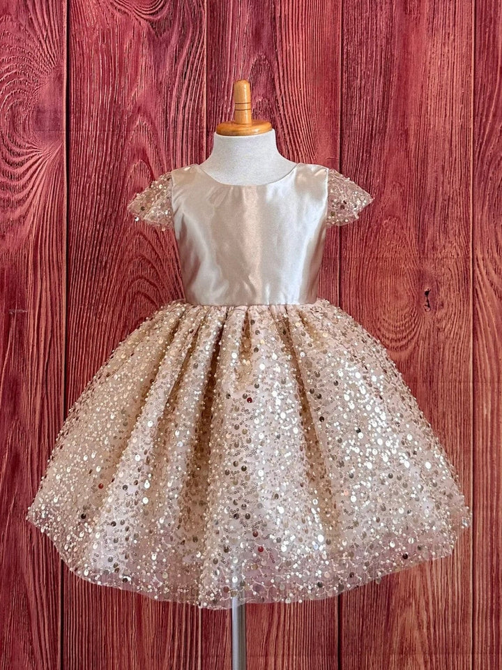 Sunnypetal Champagne Satin Bodice V Back Sequins Tulle Flower Girl Dresses