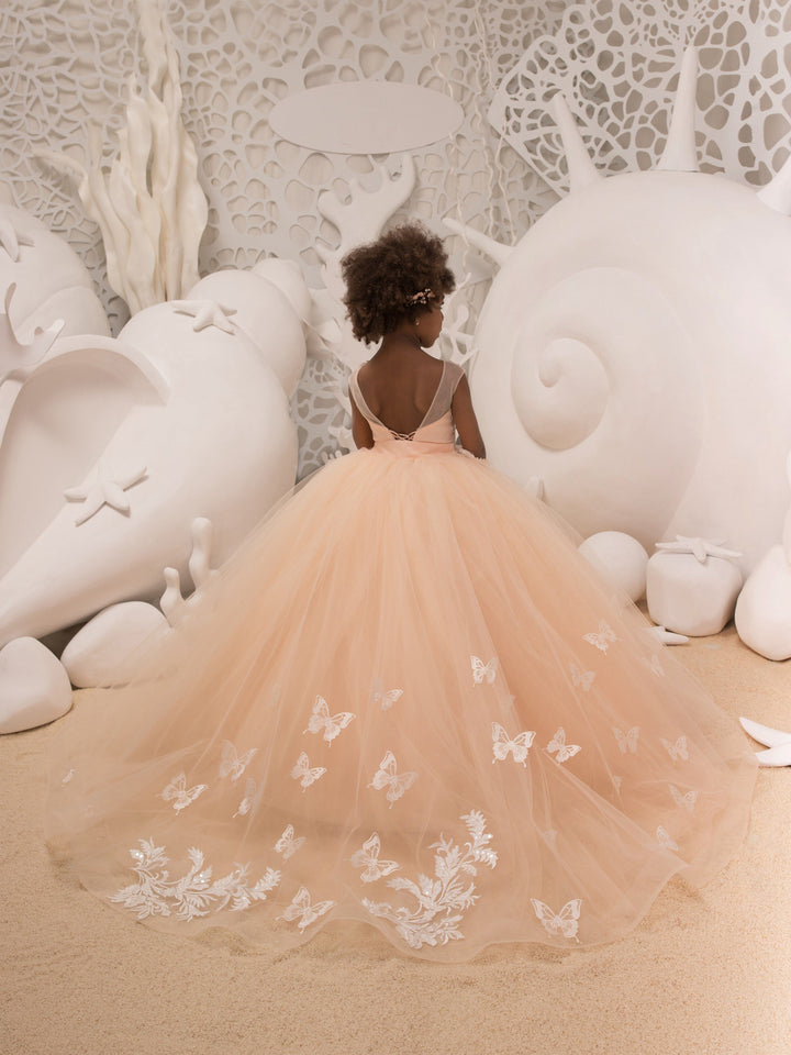 Sunnypetal Champagne Sleeveless Appliques Long Princess Train Flower Girl Dresses with 3D Butterfly