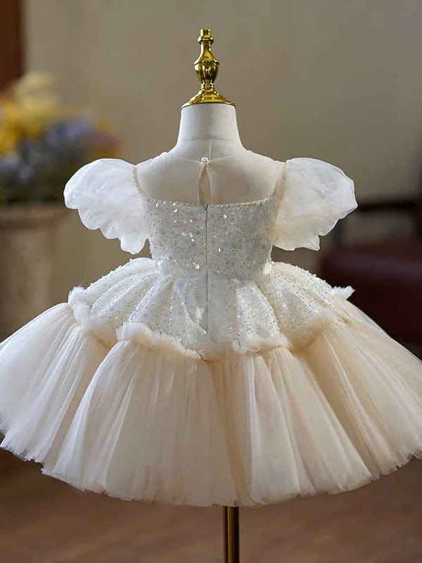 Sunnypetal Champagne Tulle Flower Girl Dresses with Puff Sleeves / Sequin / Bow