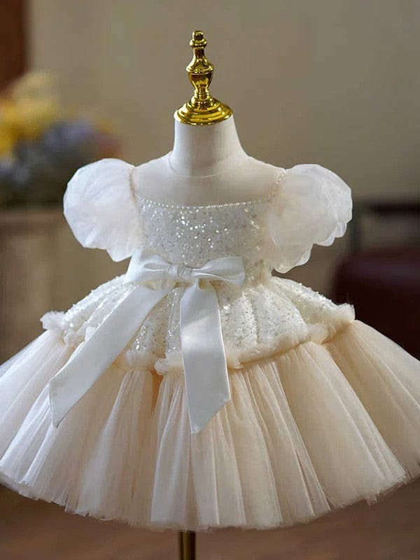 Sunnypetal Champagne Tulle Flower Girl Dresses with Puff Sleeves / Sequin / Bow