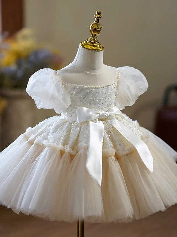 Sunnypetal Champagne Tulle Flower Girl Dresses with Puff Sleeves / Sequin / Bow