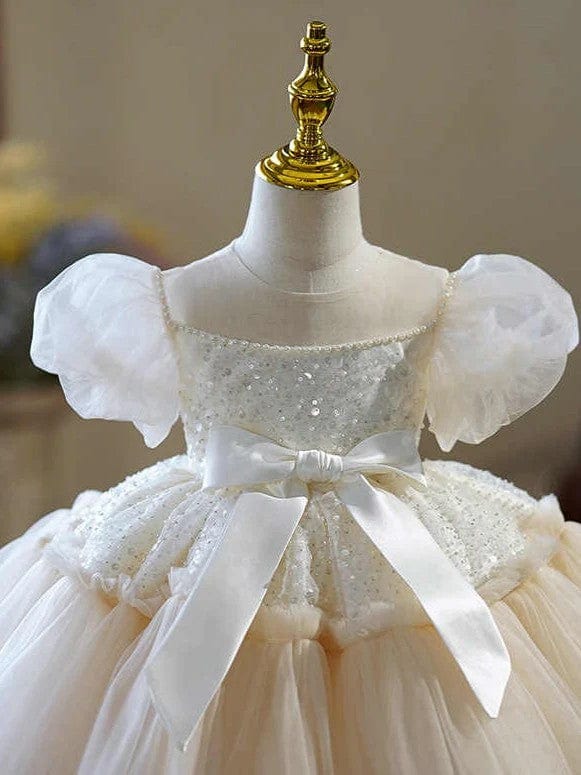 Sunnypetal Champagne Tulle Flower Girl Dresses with Puff Sleeves / Sequin / Bow