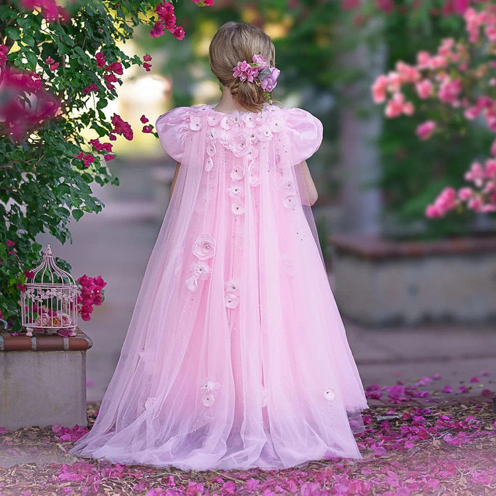 Sunnypetal Charming Pink Puff Sleeves Floor-Length Flower Girl Dresses with Tulle Cape 3D Flowers