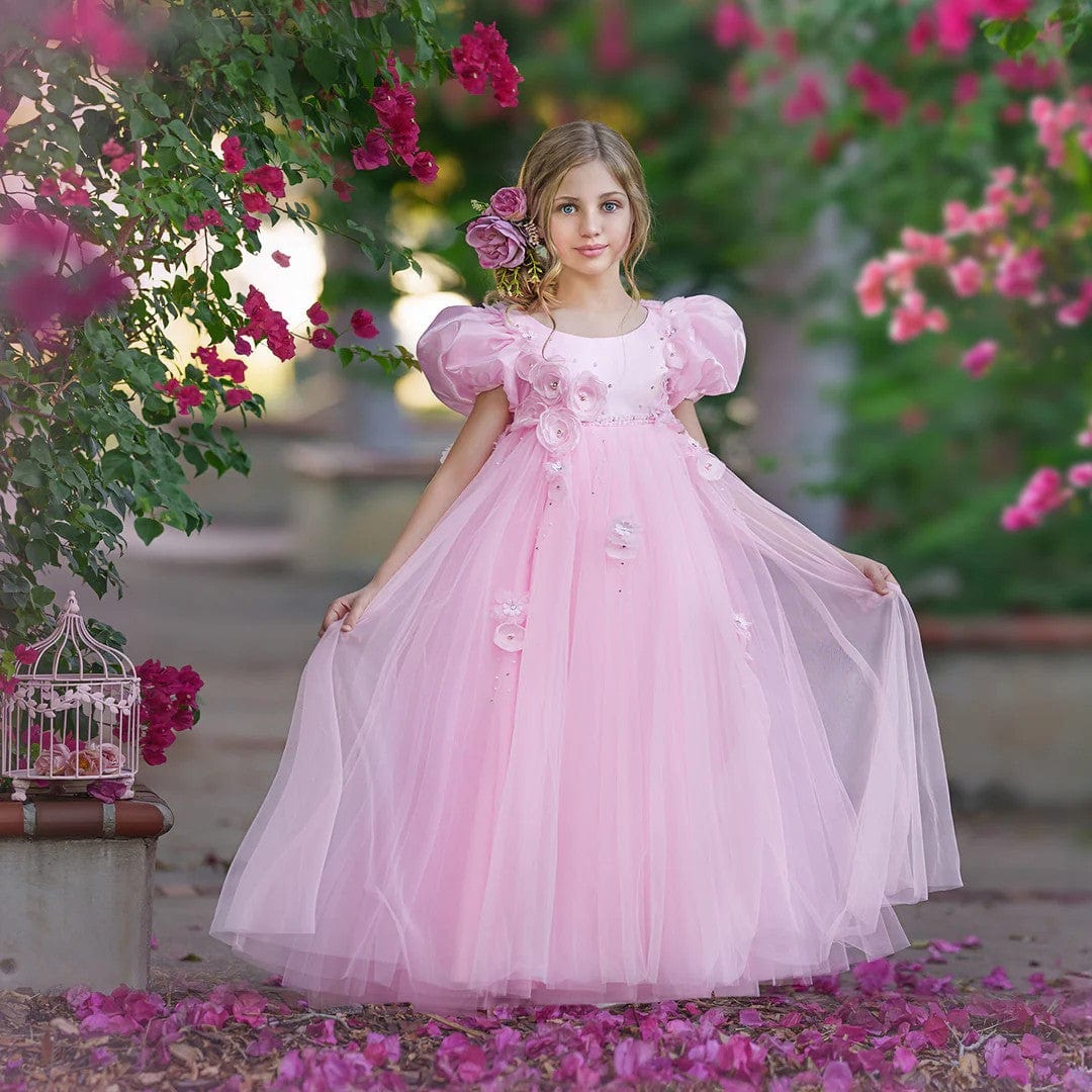 Sunnypetal Charming Pink Puff Sleeves Floor-Length Flower Girl Dresses with Tulle Cape 3D Flowers
