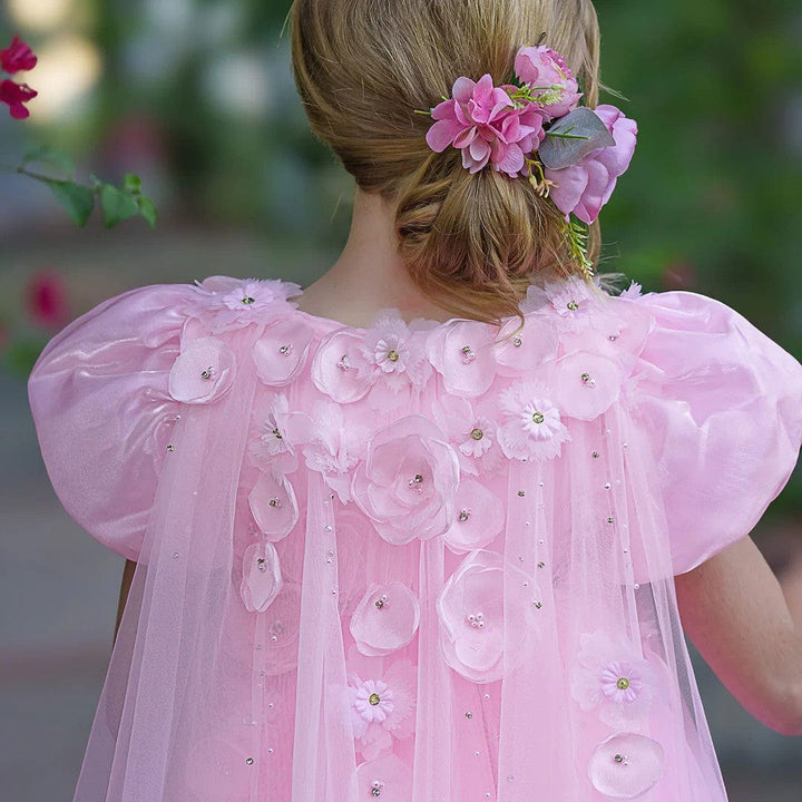 Sunnypetal Charming Pink Puff Sleeves Floor-Length Flower Girl Dresses with Tulle Cape 3D Flowers