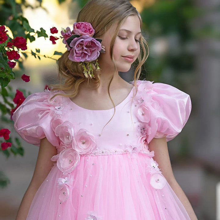 Sunnypetal Charming Pink Puff Sleeves Floor-Length Flower Girl Dresses with Tulle Cape 3D Flowers