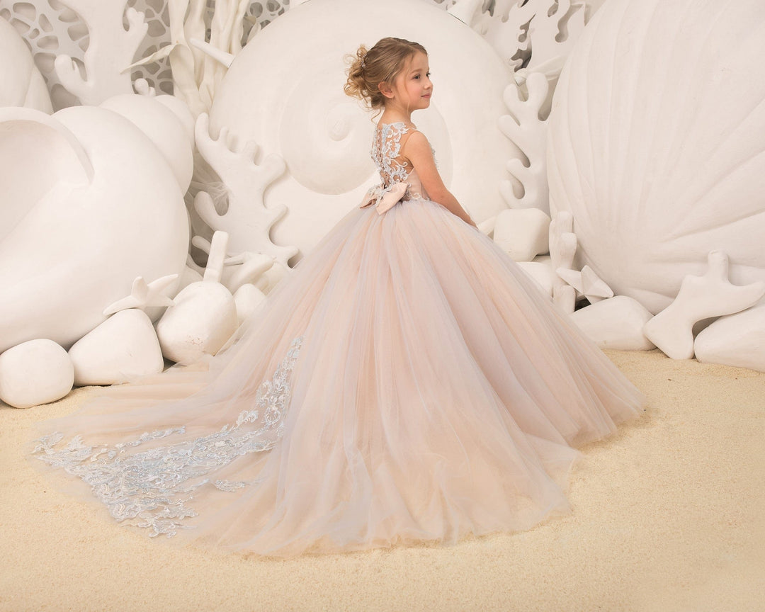 Sunnypetal Child Princess Tulle Lace Flower Girl Dresses With Beading Bow