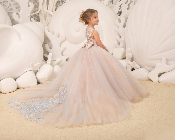 Sunnypetal Child Princess Tulle Lace Flower Girl Dresses With Beading Bow