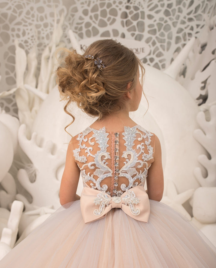 Sunnypetal Child Princess Tulle Lace Flower Girl Dresses With Beading Bow