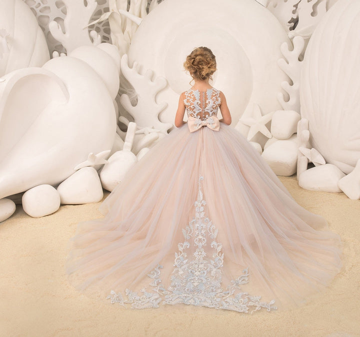 Sunnypetal Child Princess Tulle Lace Flower Girl Dresses With Beading Bow