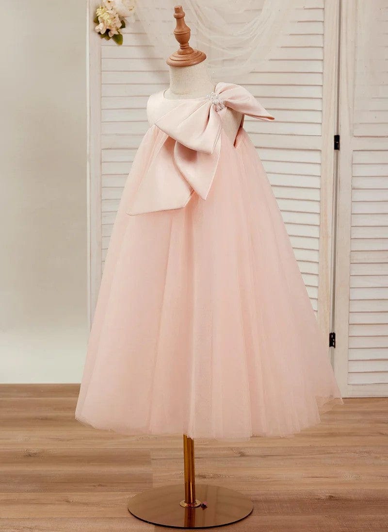 Sunnypetal Classic Pink Sleeveless A-Line Flower Girl Dress with Satin Bow