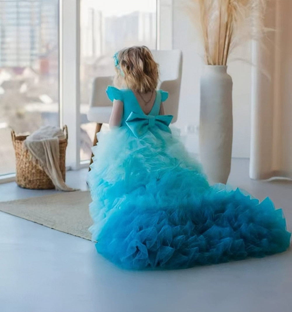Sunnypetal Cute Baby Toddler Flower Girl Dresses Tulle Ruffles Hi-Lo Bow Party Birthday Dress