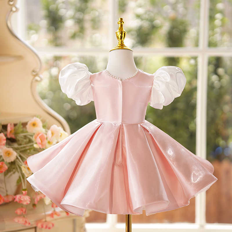 Sunnypetal Cute Pink Puff Sleeves Knee-Length Princess Flower Girl Dresses