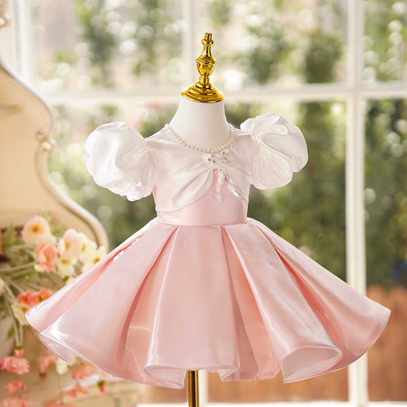 Sunnypetal Cute Pink Puff Sleeves Knee-Length Princess Flower Girl Dresses