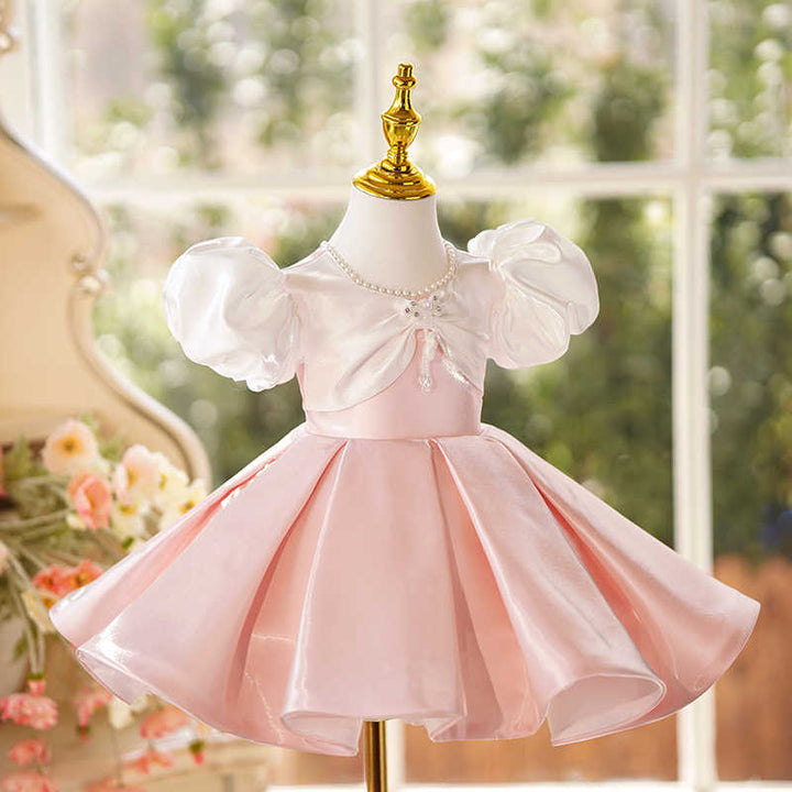 Sunnypetal Cute Pink Puff Sleeves Knee-Length Princess Flower Girl Dresses