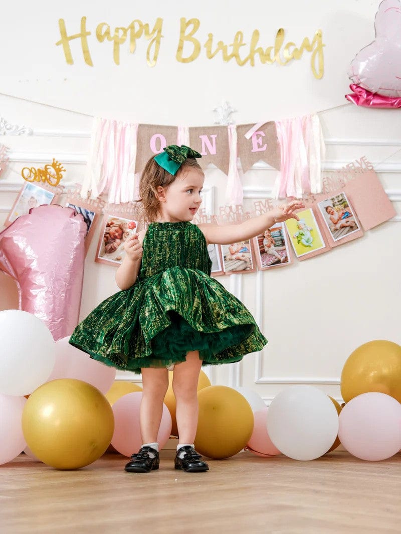 Sunnypetal Dark Green Sleeveless Velvet Birthday Princess Toddler Girl Dress